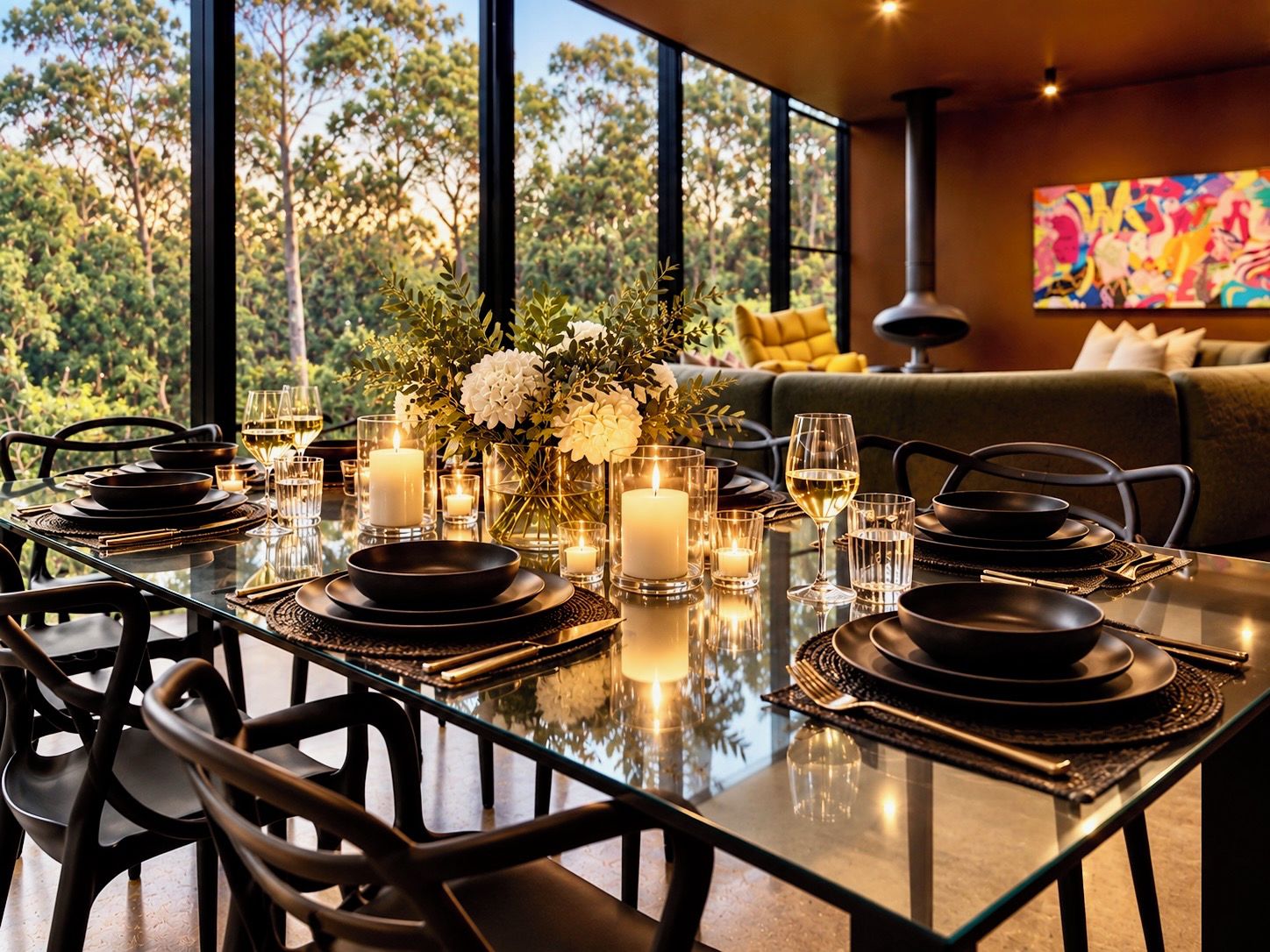 A dining table set for six with candles, glasses, and a vase of flowers.