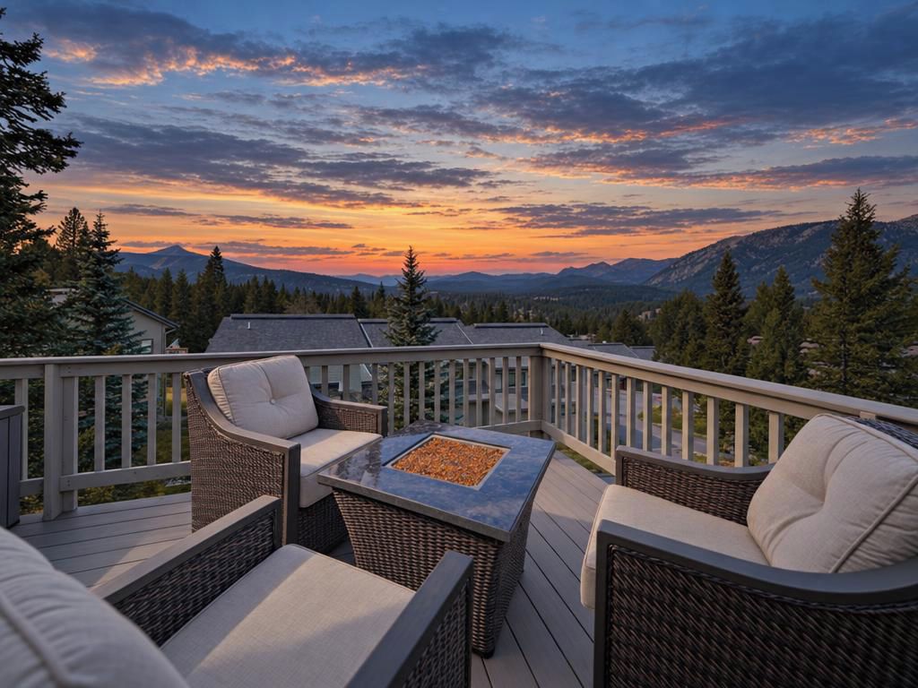 A deck with wicker furniture and a fire pit, overlooking a mountainous landscape.