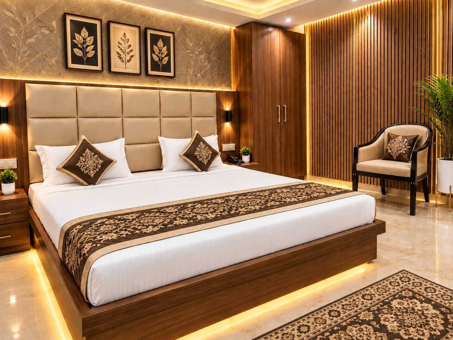 Ein modernes Schlafzimmer mit einem großen Bett, einem Holzschrank, einem Sessel und einem Blumentopf.