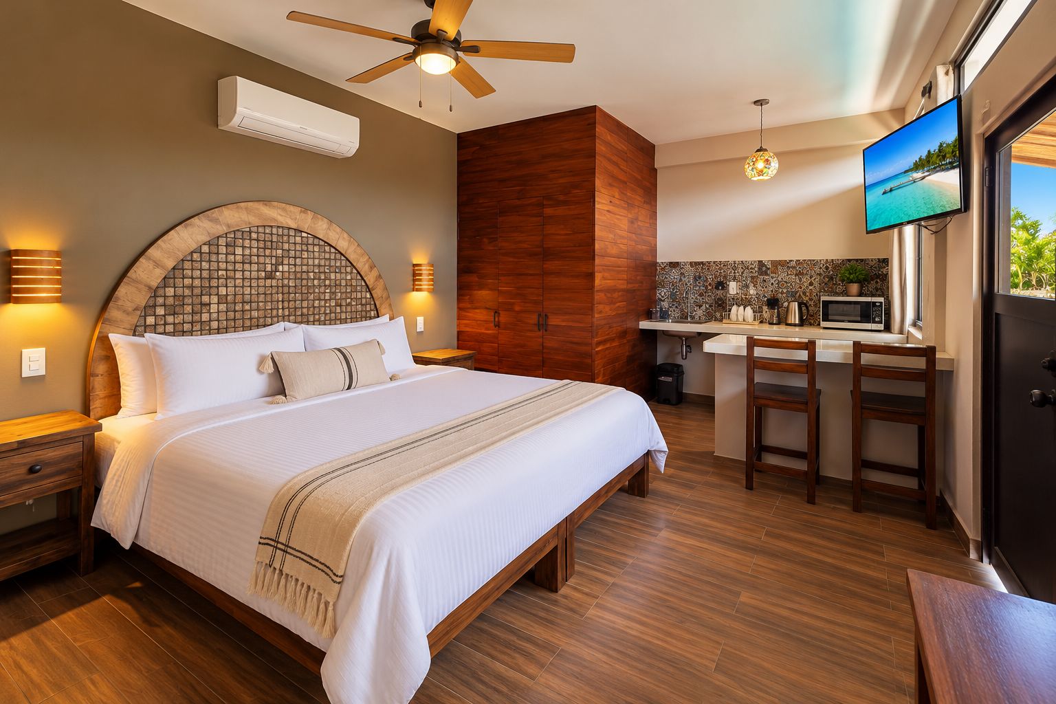A hotel room with a bed, a desk, a TV, and a view of the sea.