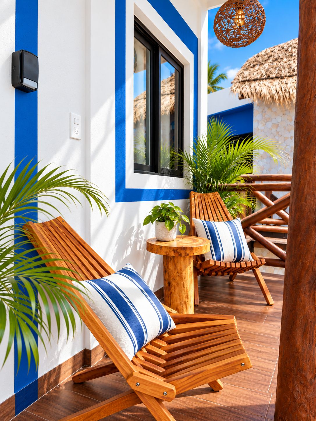A wooden deck with two lounge chairs and a small round table, a thatched roof structure, and a blue and white wall.