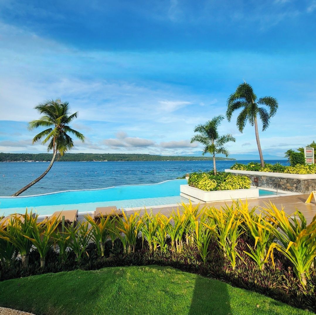 Piscina com vista para o oceano, cercada por palmeiras e plantas tropicais.