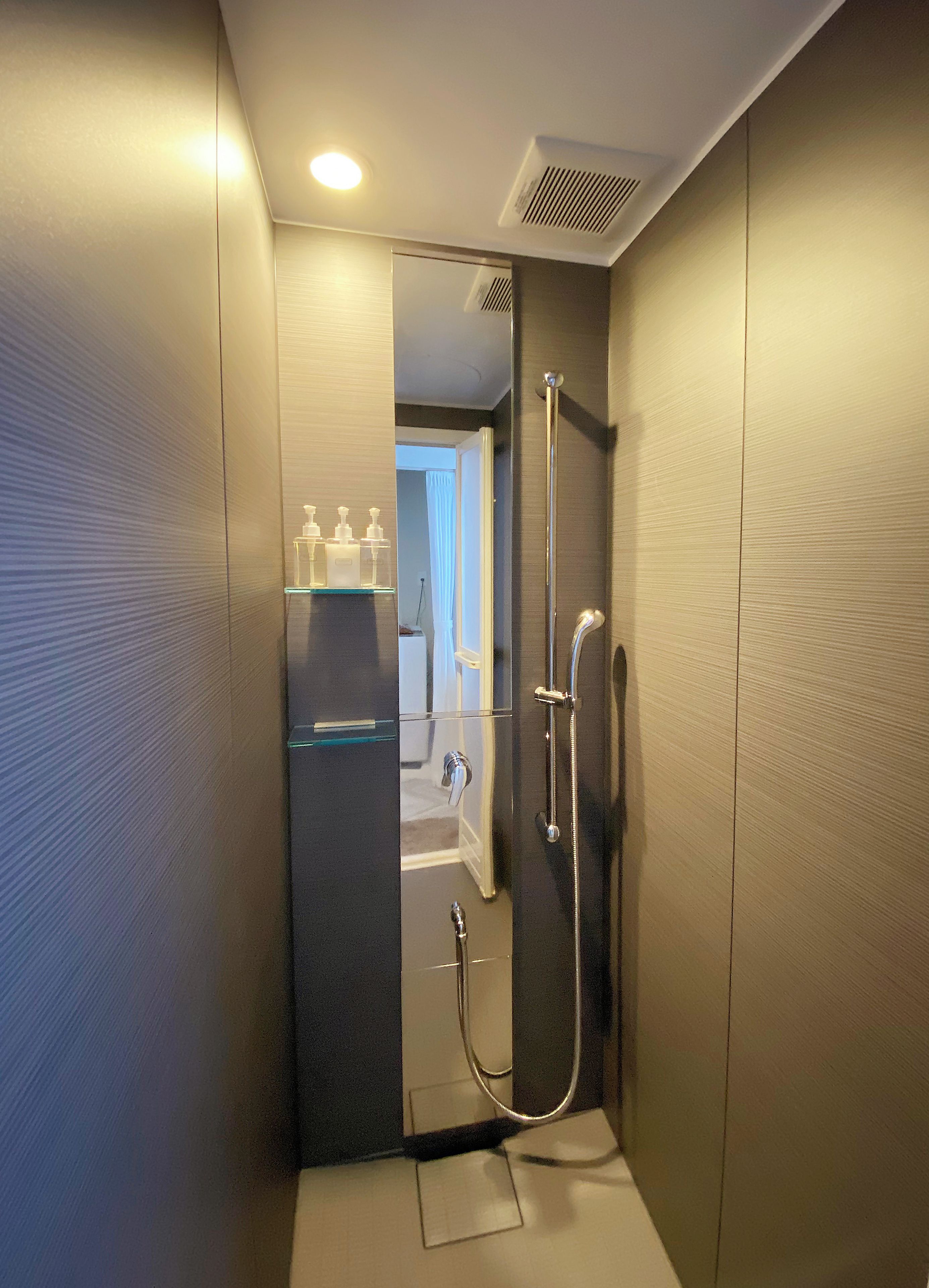 A modern bathroom with a glass shower enclosure, a handheld showerhead, a wall-mounted faucet, and a visible toilet.