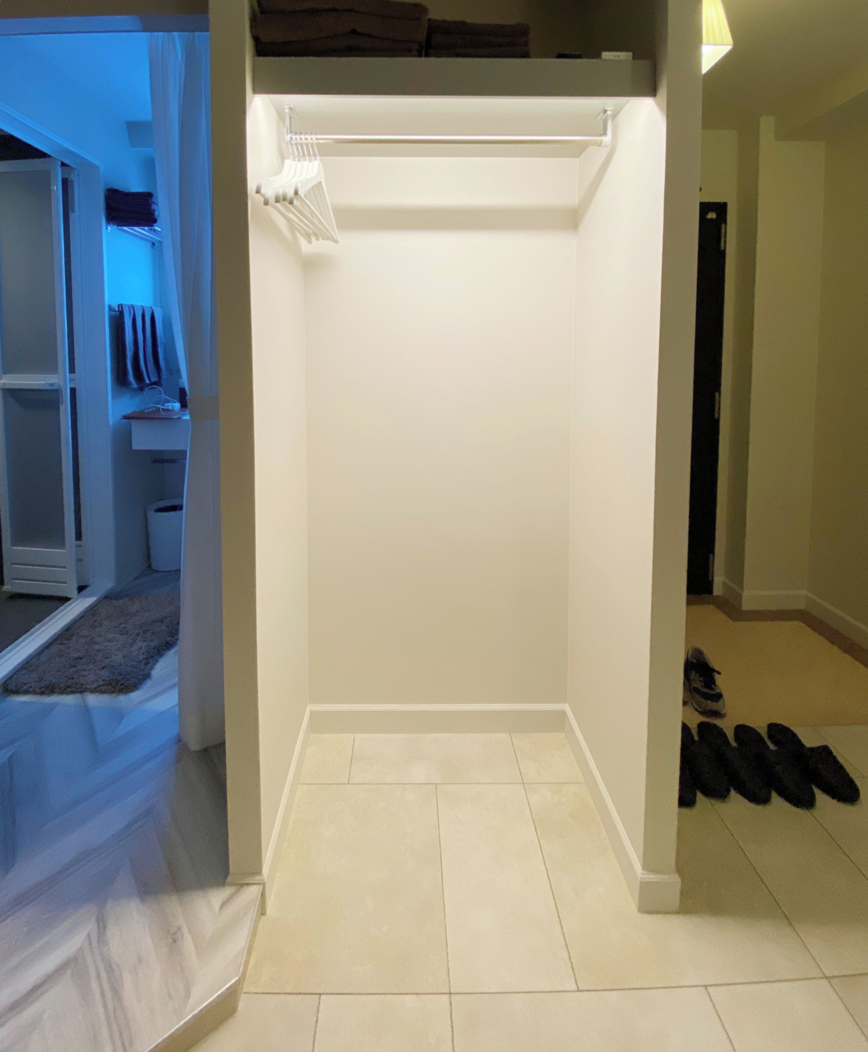 A walk-in closet with a hanging rod and a shoe rack.
