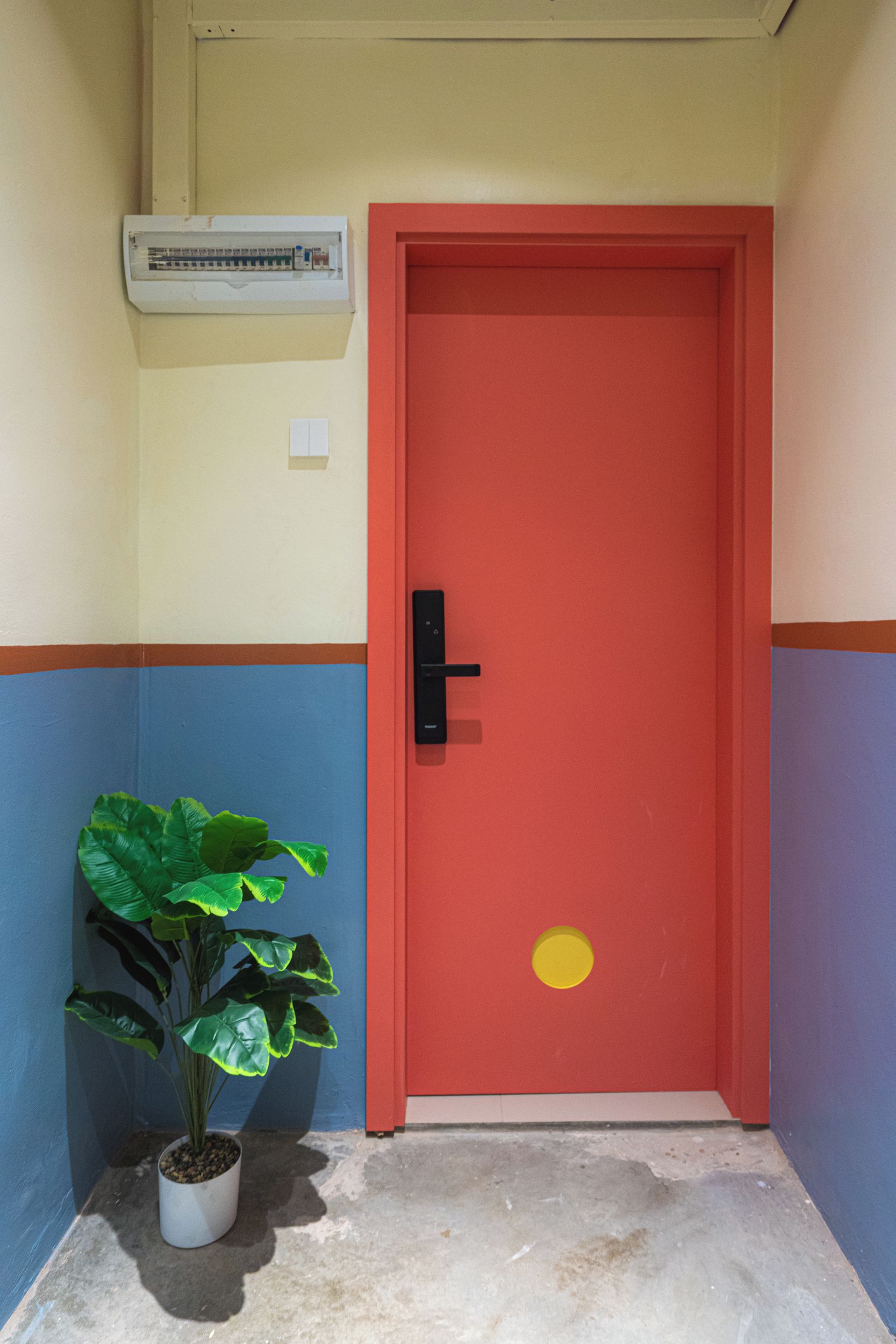 A red door with a black handle, a potted plant, and a yellow circle on the door.