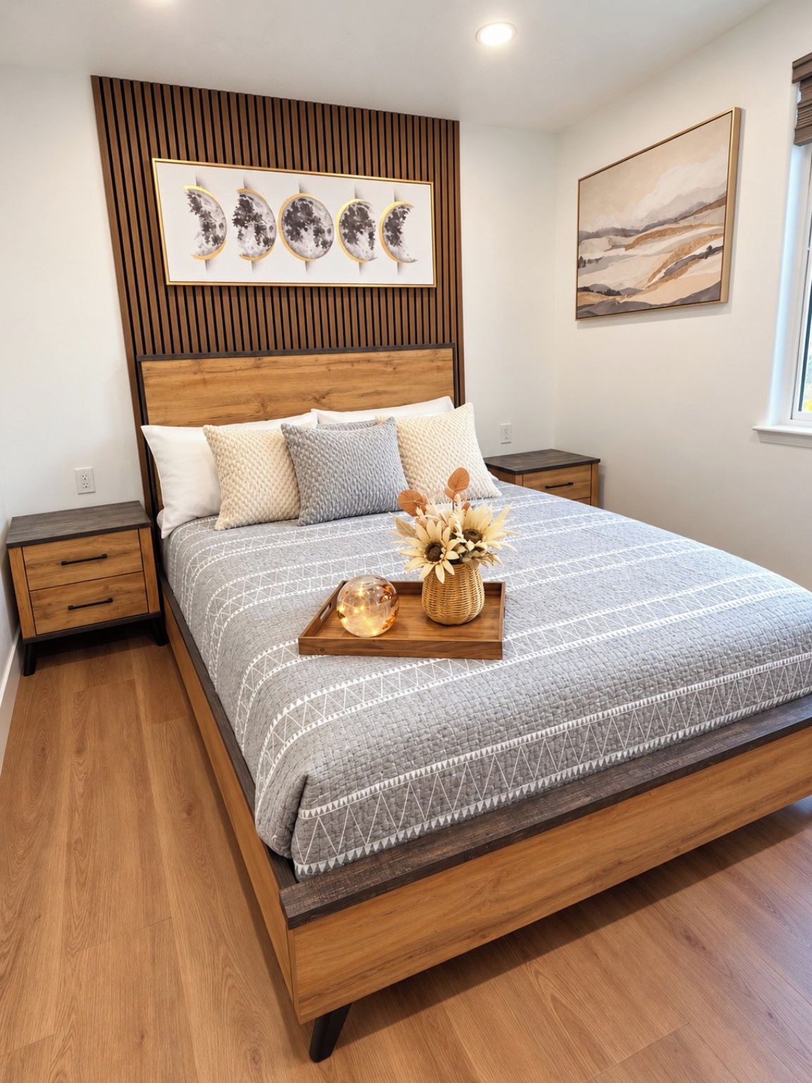 A bedroom with a wooden bed frame, a headboard with a vertical panel design, and a bedside table with a drawer.