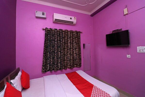 A room with a bed, a television, an air conditioning unit, and a curtain.