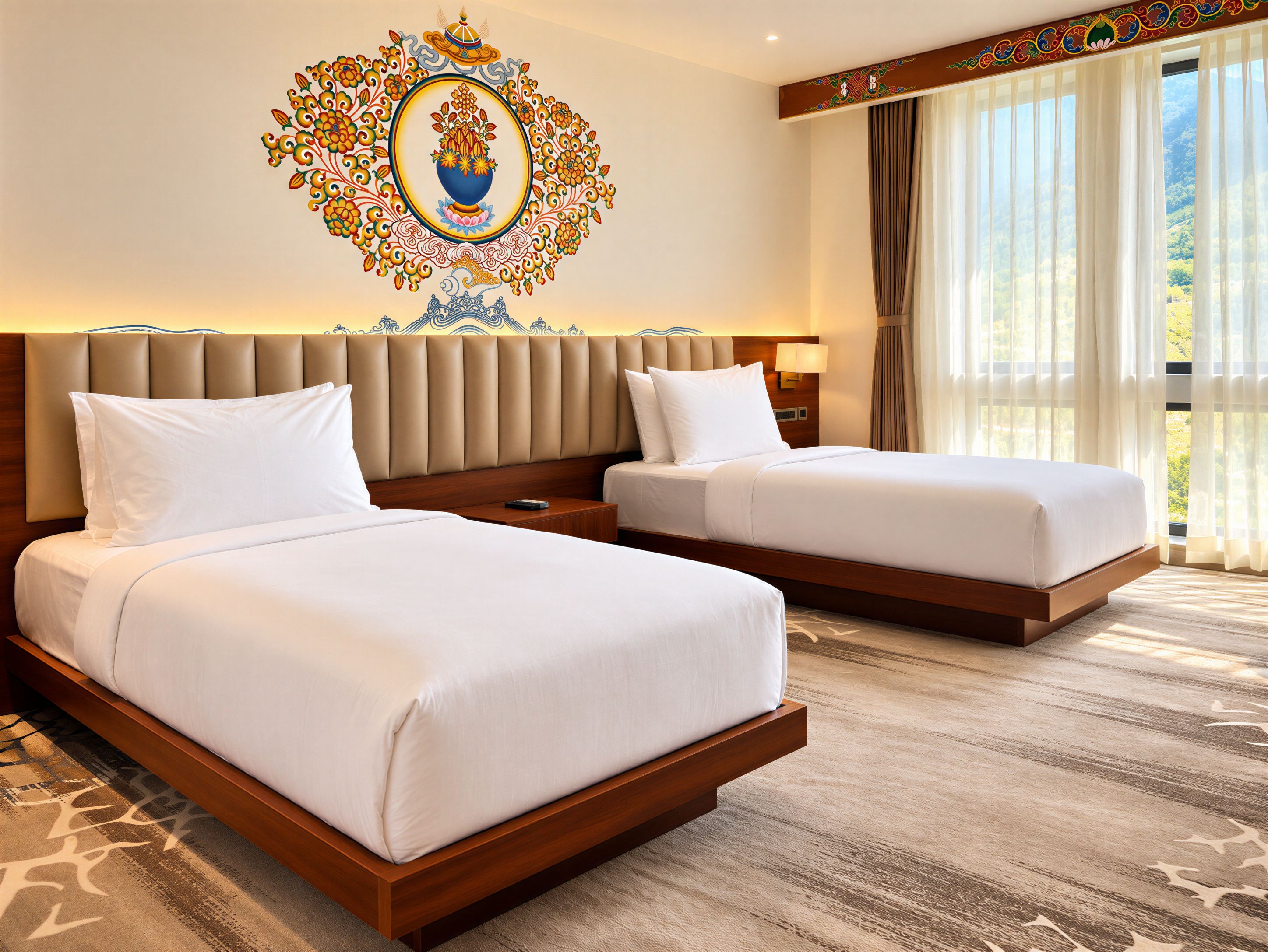 A hotel room with two beds, a decorative wall mural, and a large window with curtains.