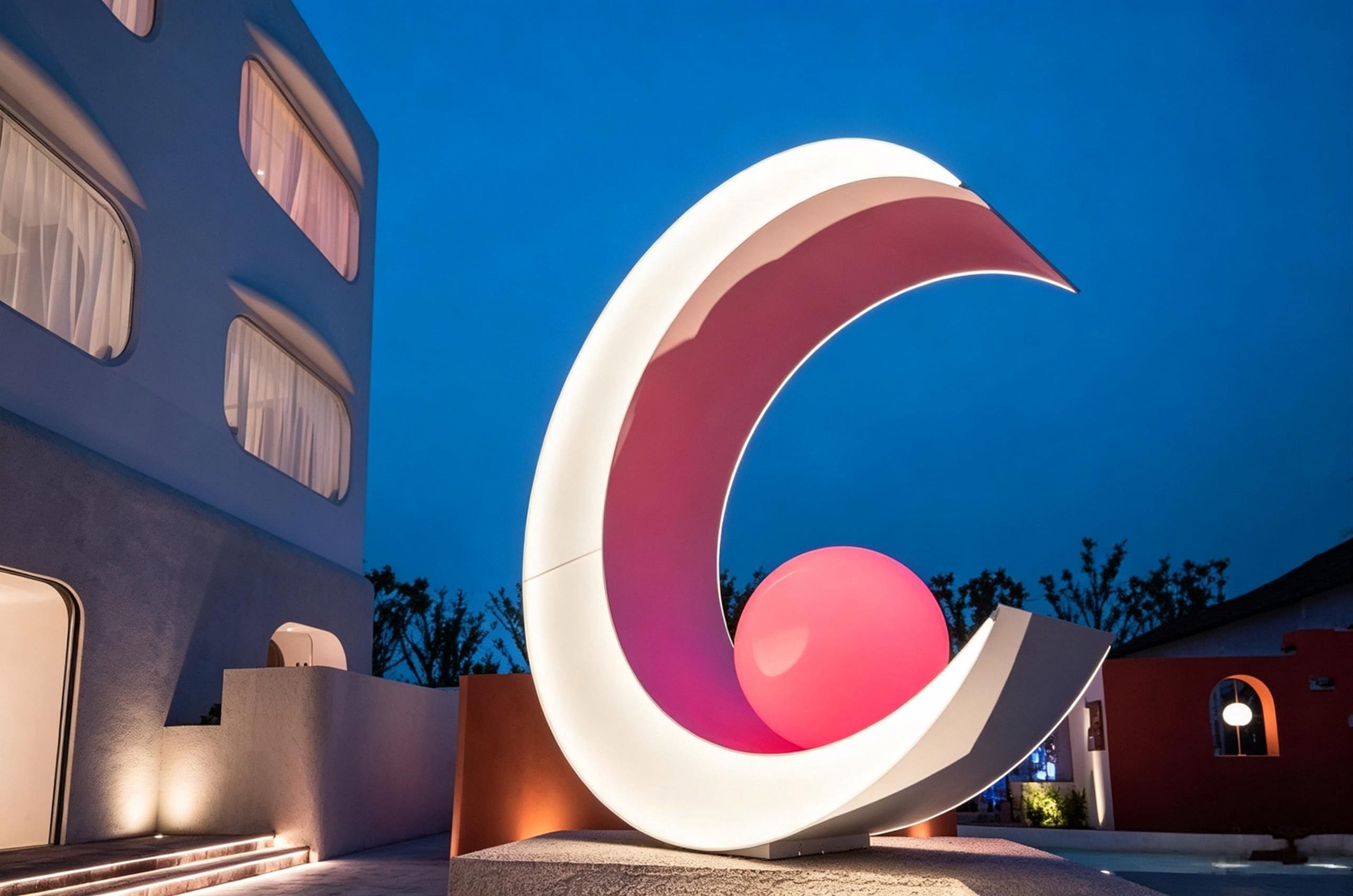Un edificio moderno con una escultura en forma de media luna.