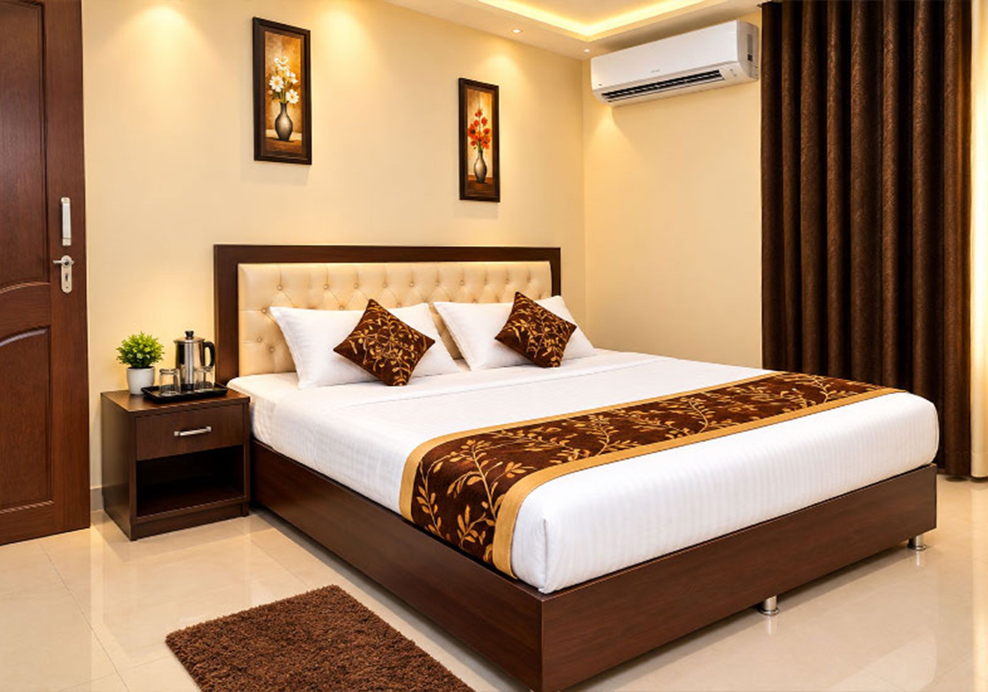A bedroom with a large bed, a nightstand, a small table with a plant, and two wall-mounted air conditioning units.