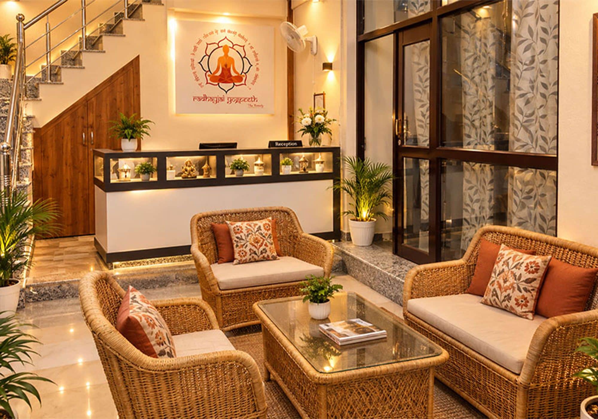A reception area with wicker furniture, a reception desk, and a staircase.