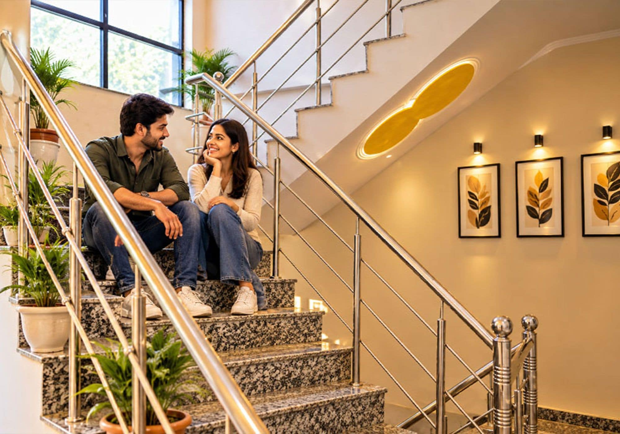 Um casal sentado em uma escada com design moderno, destacando um corrimão de metal e uma parede com obras de arte emolduradas.