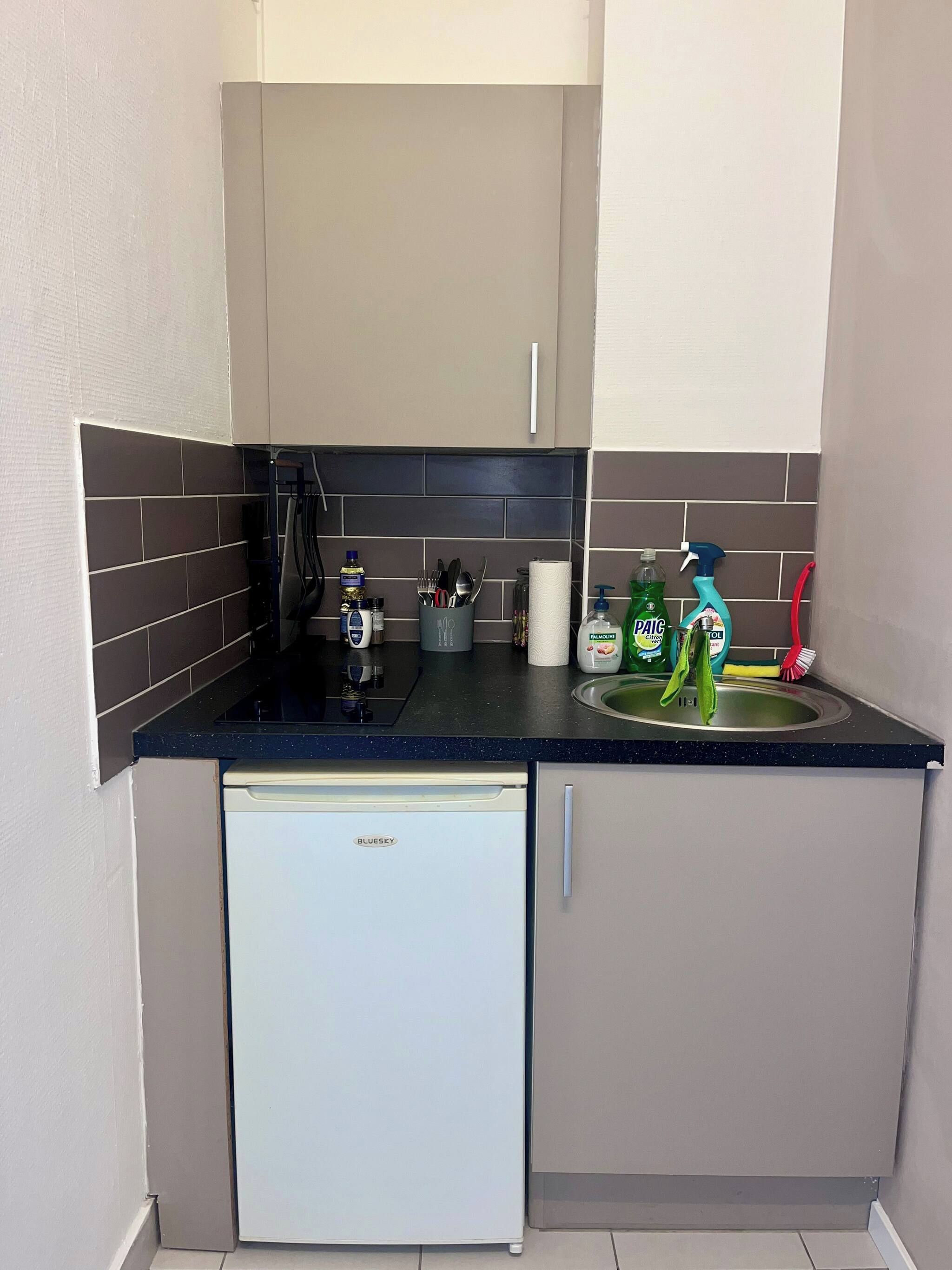 Una cocina compacta con lavavajillas, un fregadero y diversos productos de limpieza.