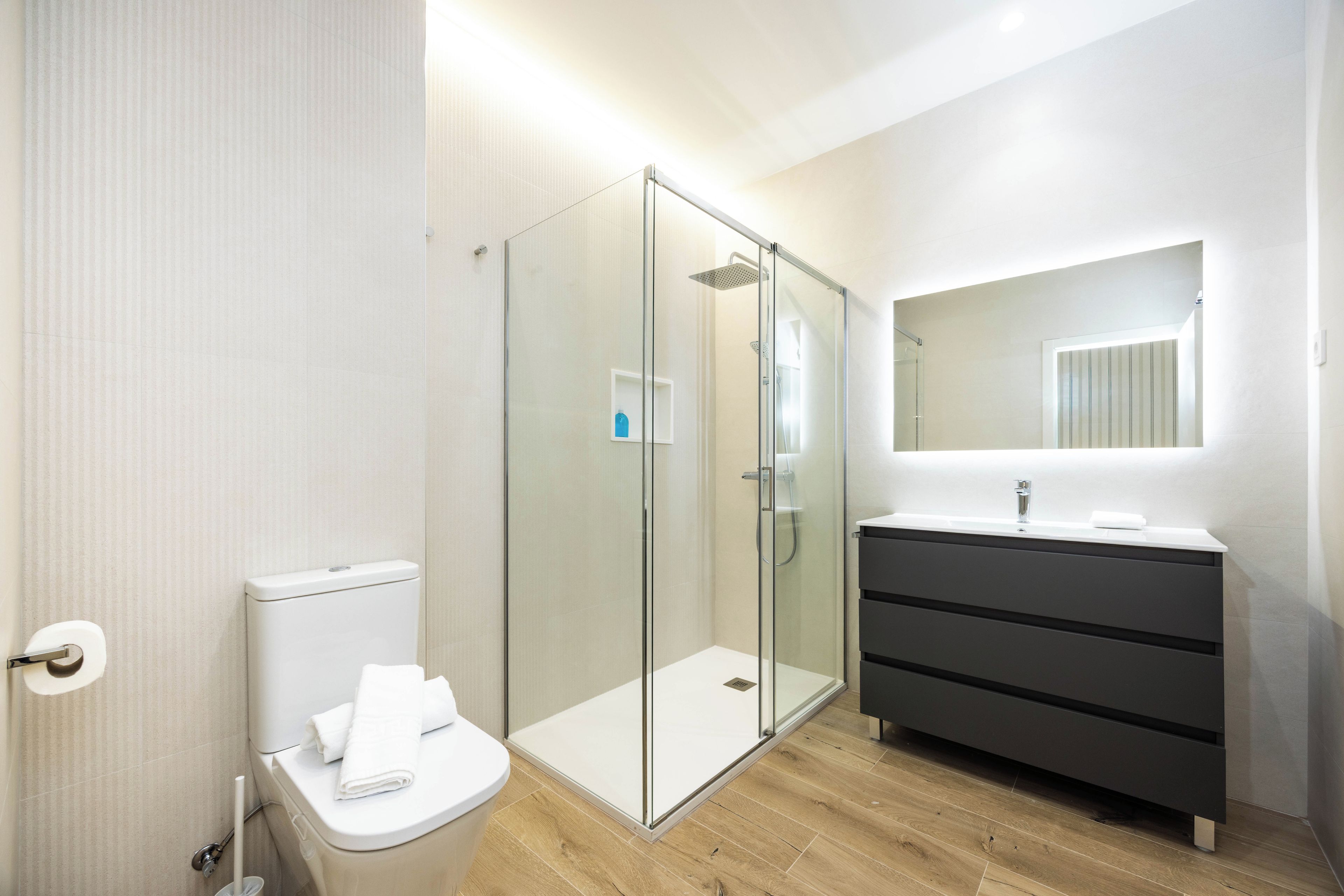 Un baño moderno con ducha envuelta en vidrio, inodoro y tocador con espejo.
