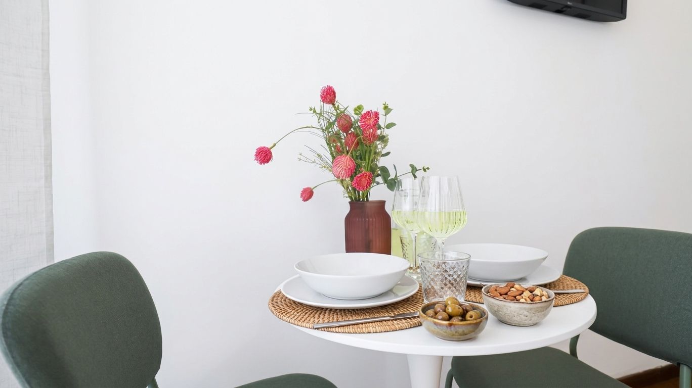 Una mesa de comedor con un florero, dos copas de vino y recipientes con nueces y aceitunas.