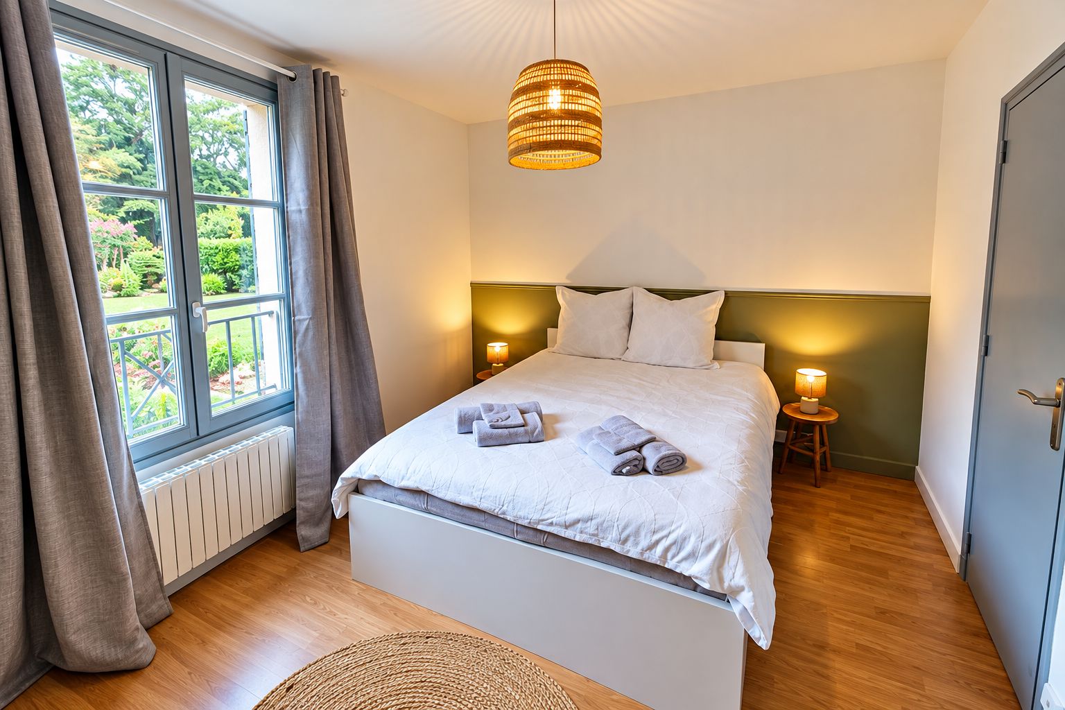 A bedroom with a bed, bedside lamps, a window with curtains, and a view of greenery outside.
