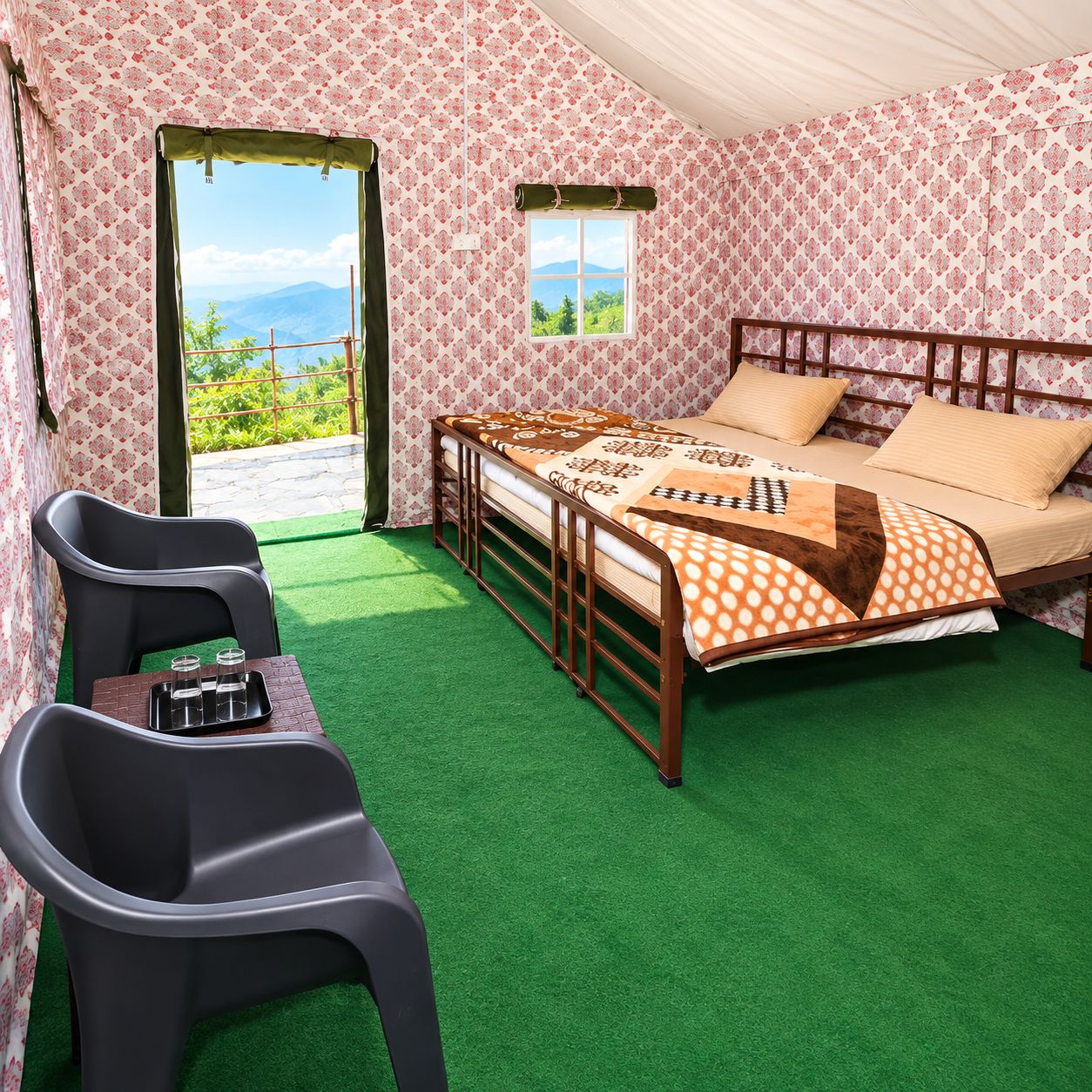 A room with a bed, a window, a chair, and a table.