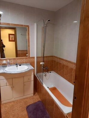 Une salle de bain avec une baignoire, un lavabo et une douche.