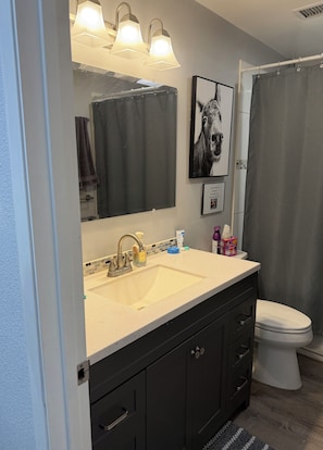 Ein Badezimmer mit Waschbecken, Spiegel und Toilette. Ein Duschvorhang und ein gerahmtes Bild sind an der Wand angebracht.