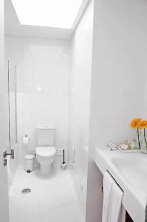 Ein modernes Badezimmer mit Dachfenster, Toilette, Waschbecken und Duschbereich.
