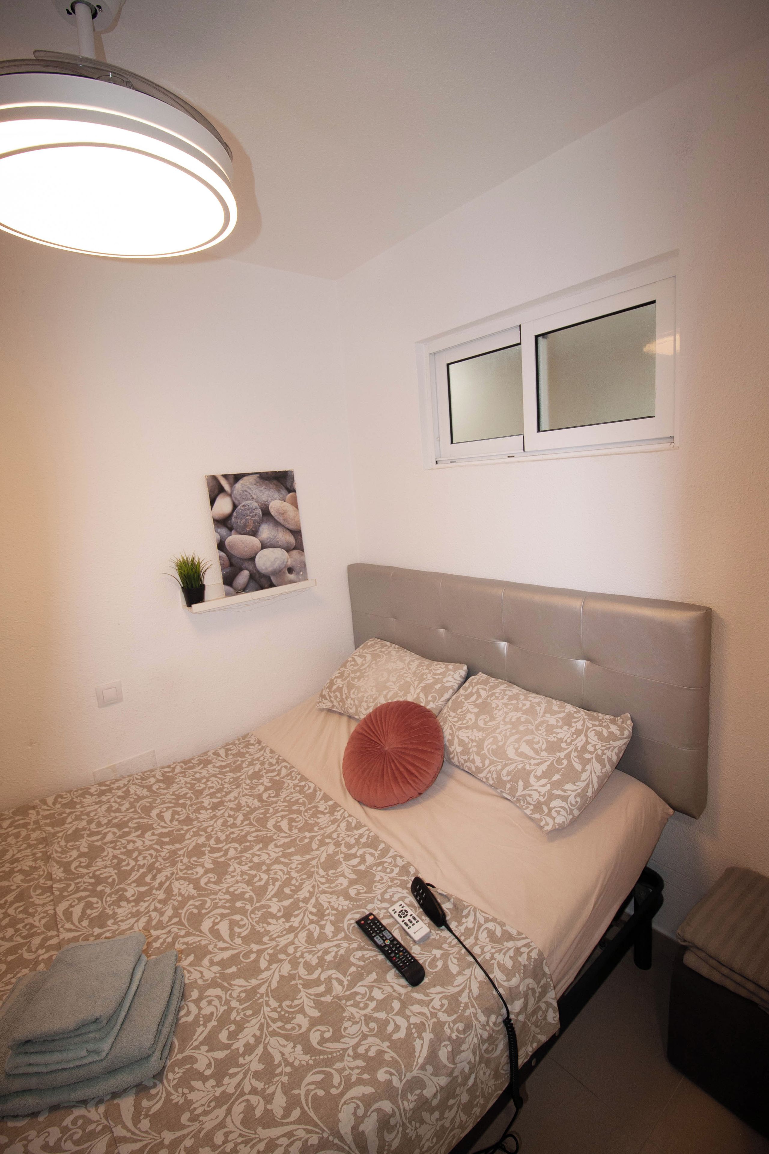 A bedroom with a bed, a bedside table, a window, and a wall-mounted shelf with a plant.
