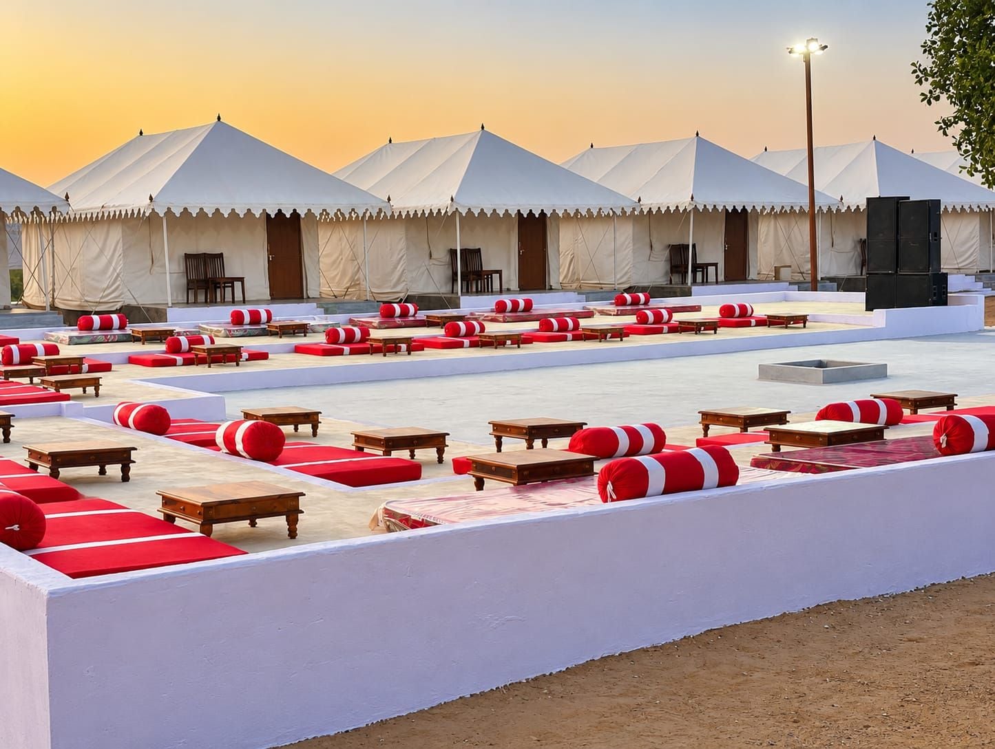 A series of tents with outdoor seating areas.