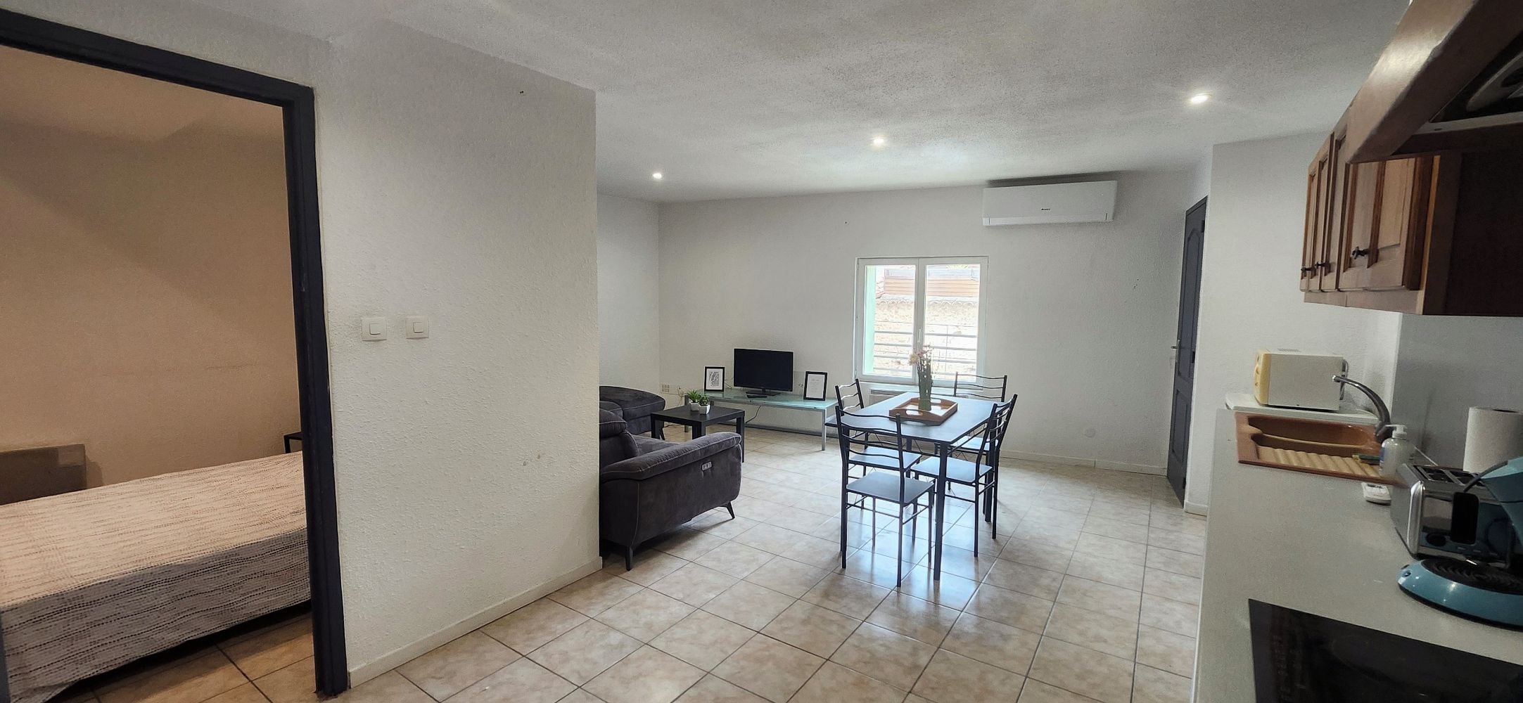 A compact living space with a kitchenette, a dining area, and a seating area with a sofa and chairs.