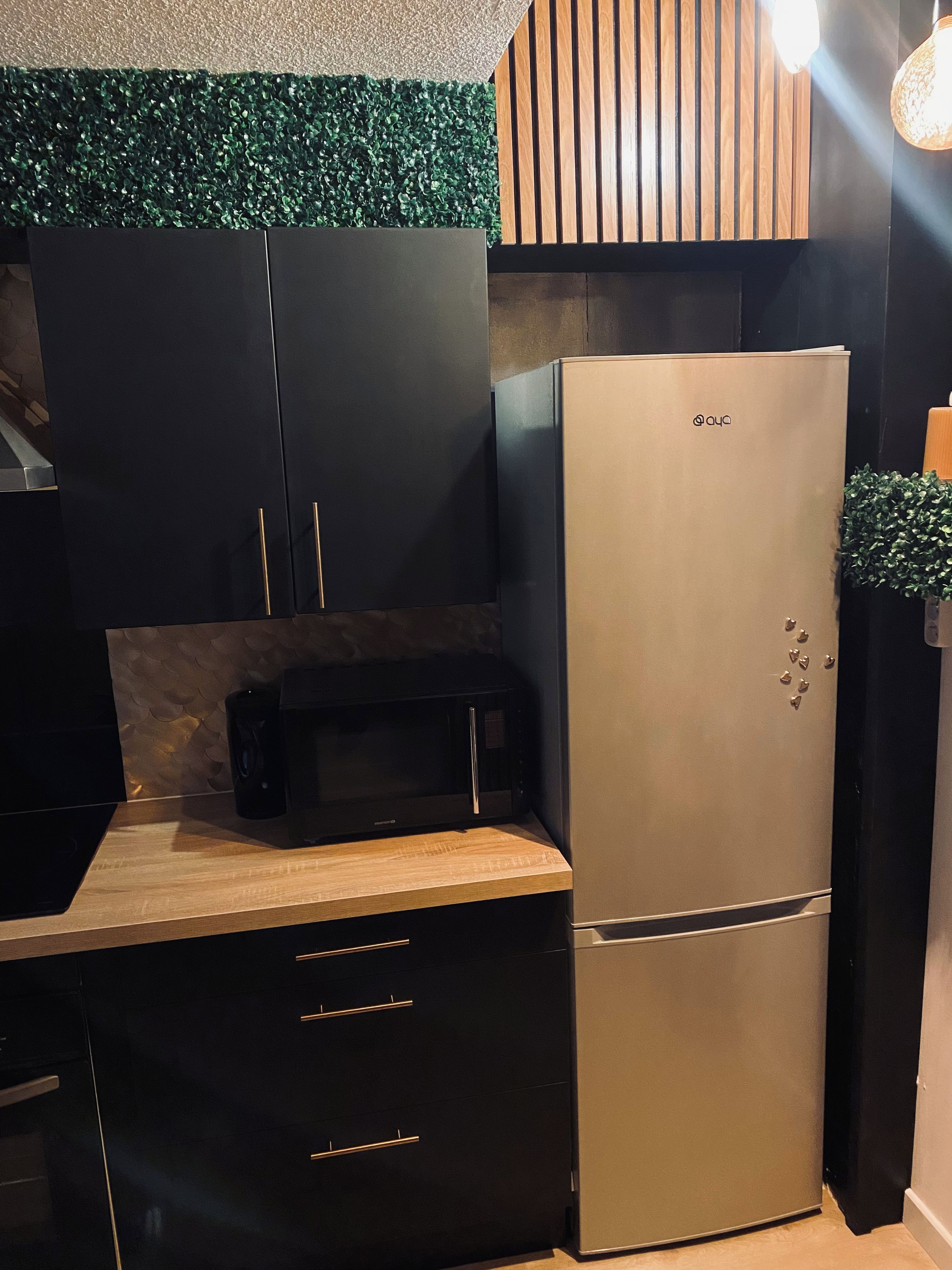 A kitchen with a black refrigerator, a microwave, and a coffee maker on the counter.
