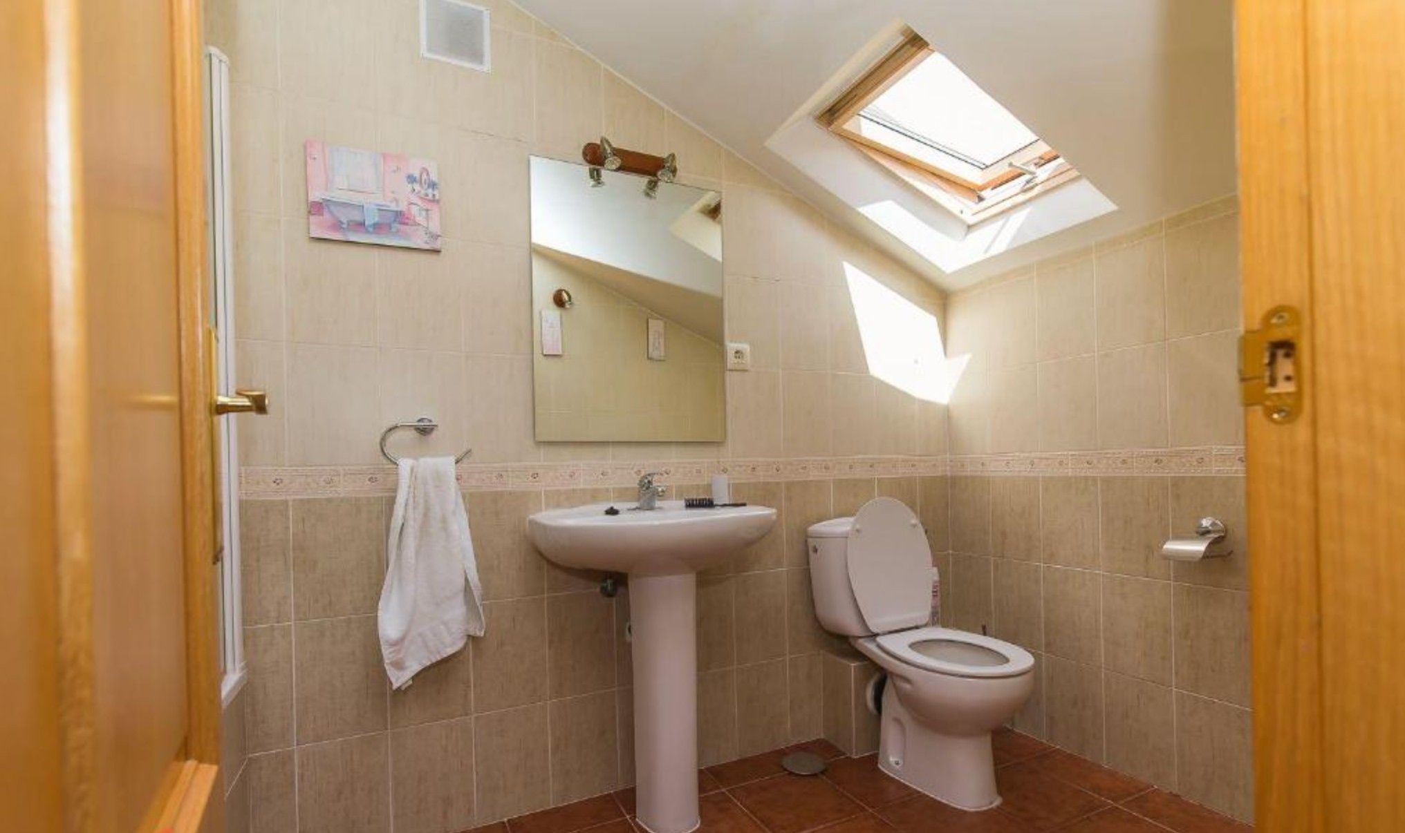 A bathroom with a skylight, a sink, a toilet, and a towel rack.