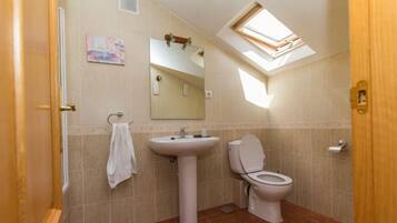 A bathroom with a skylight, a sink, a toilet, and a towel rack.