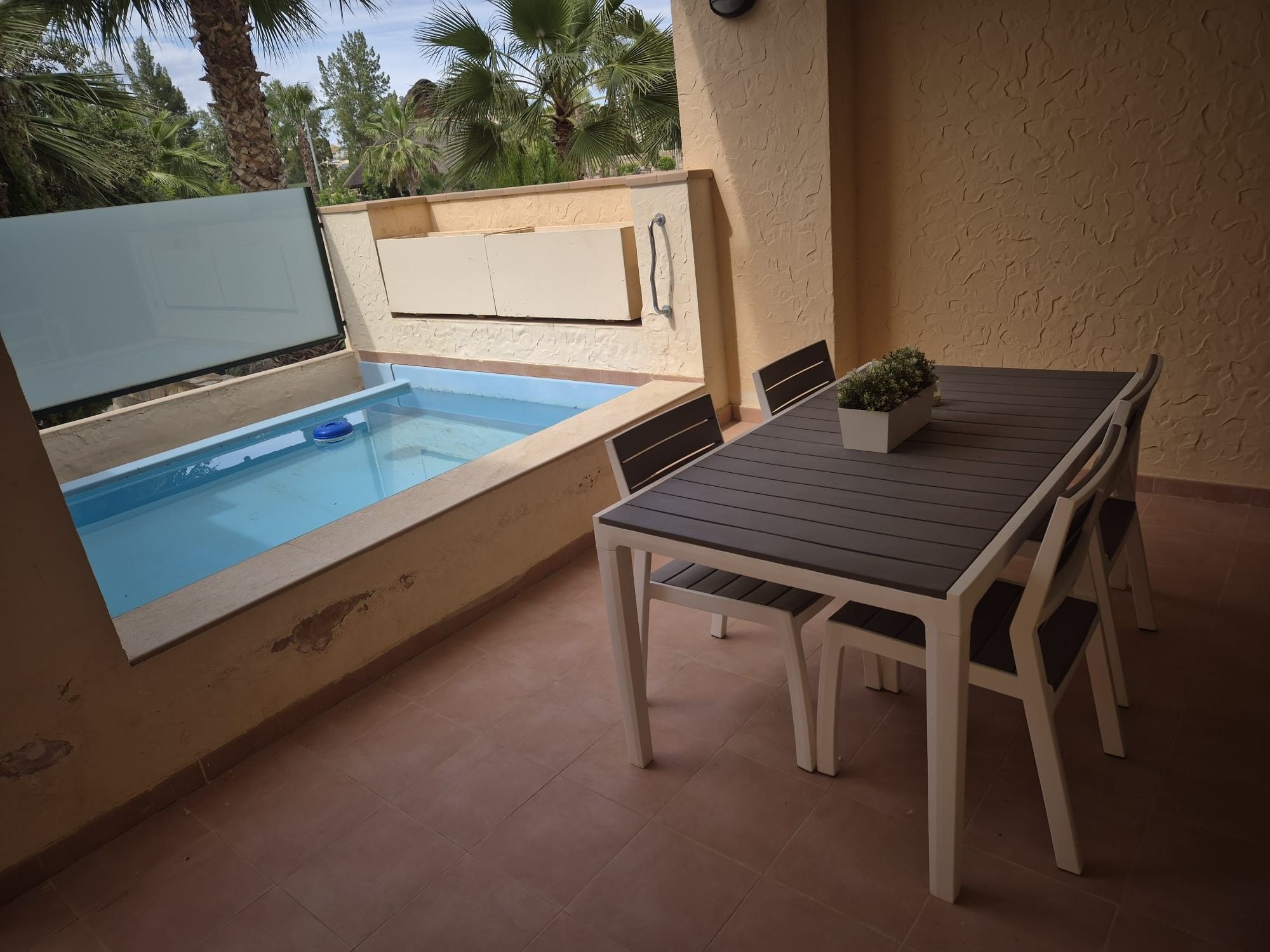 Un espace aménagé au bord de la piscine, avec une table et des chaises, une petite plante et un radiateur fixé au mur.