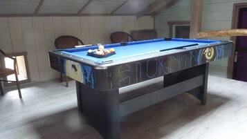 Un tavolo da biliardo con decorazione a lavagna, circondato da sedie, in una stanza con pavimento in legno e soffitto a falde.
