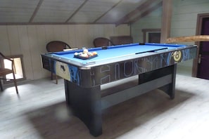 A pool table with a chalkboard design, surrounded by chairs, in a room with wooden flooring and a sloped ceiling.