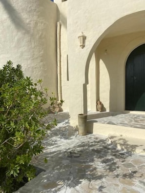A courtyard with a stone floor, a potted plant, and a door. - Dar Oueghlani (El May)