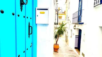 Une rue étroite avec une porte bleue sur le côté gauche, un pot de fleurs au centre et des immeubles de chaque côté.