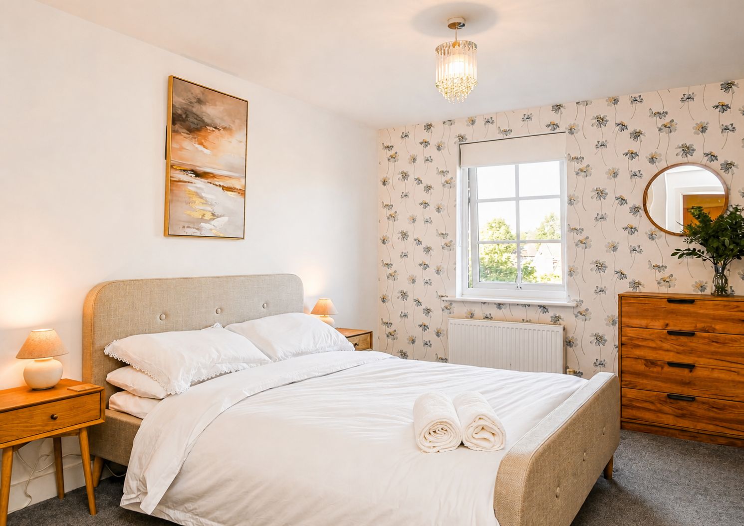 Une chambre à coucher comprenant un lit, des tables de chevet, une commode, une fenêtre et un lustre.