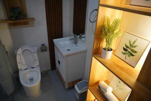 A compact bathroom with a toilet, sink, and a small shelf with a potted plant and framed artwork. - Isla Mystica Beach Resort (San Juan)