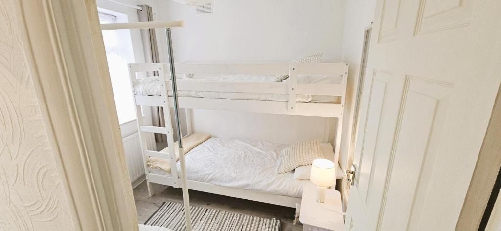 A bunk bed room with a white door, a bedside table with a lamp, and a striped rug on the floor.