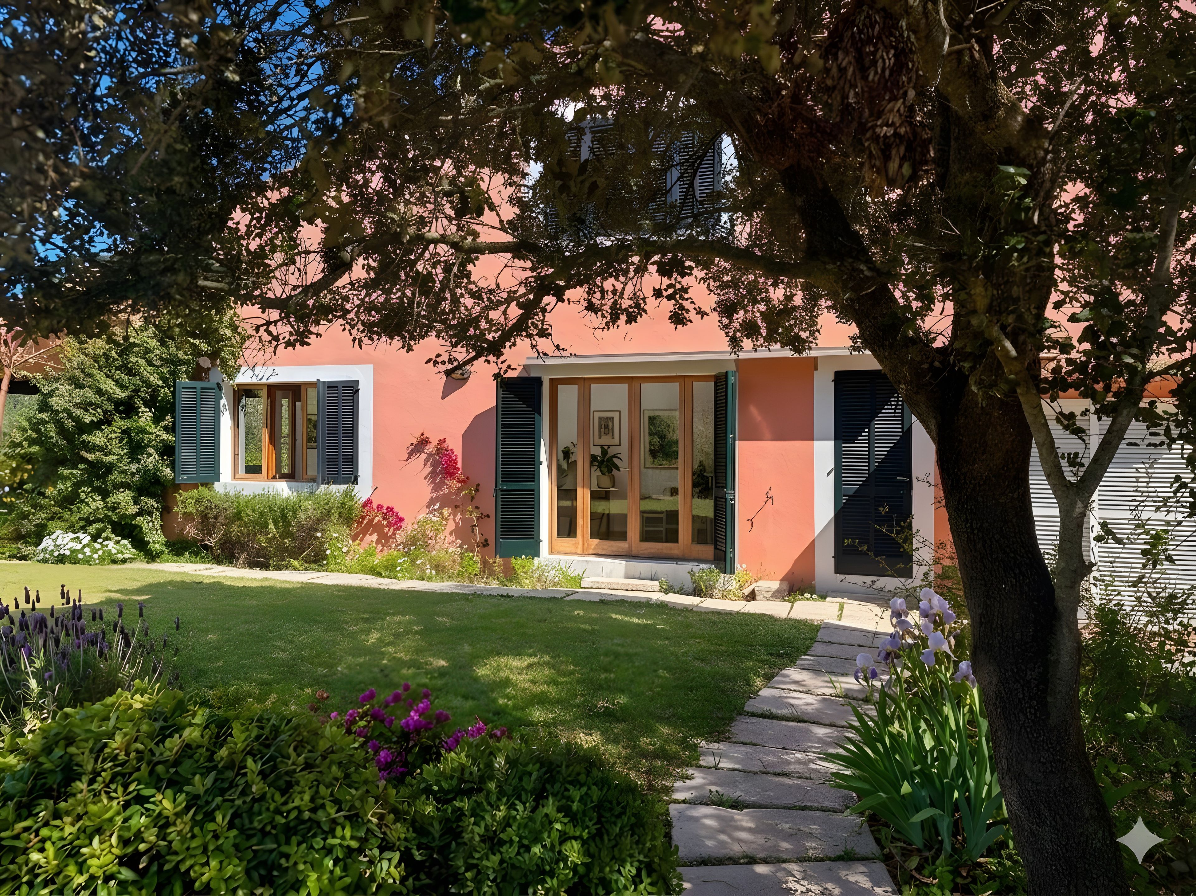 Ein Haus mit Garten, einem gepflasterten Weg und einem Baum im Vordergrund.