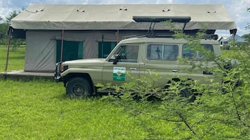 A beige SUV parked in front of a tent with a green door, surrounded by grass and trees.