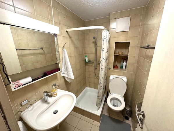 Un baño con ducha, inodoro, lavabo y toallero.