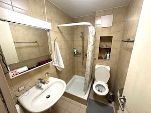 Et badeværelse med bruser, toilet, håndvask og håndklædetørrestativ.