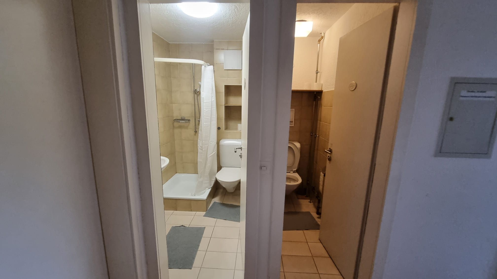 A bathroom with a shower, toilet, and sink.