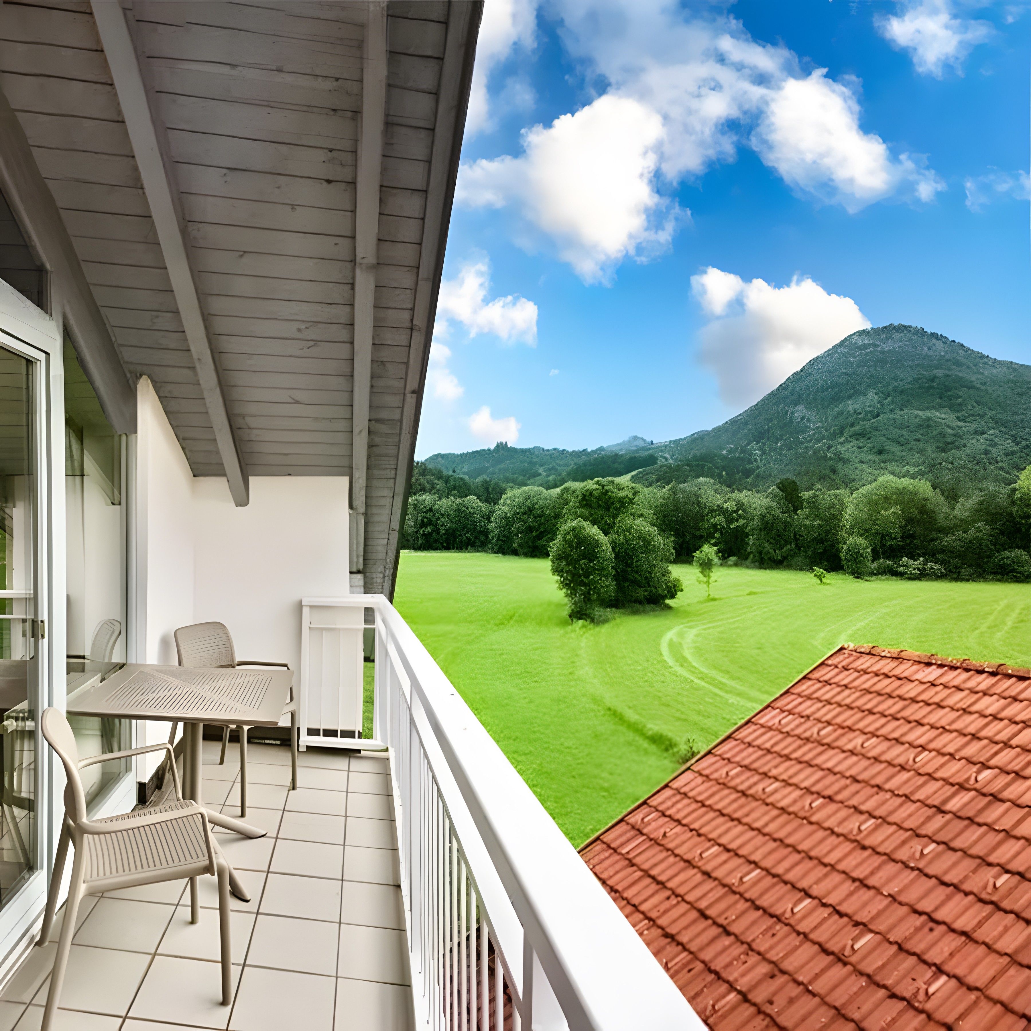 En balkon med et bord og stole, der ud til et grønt område og et bjerg.