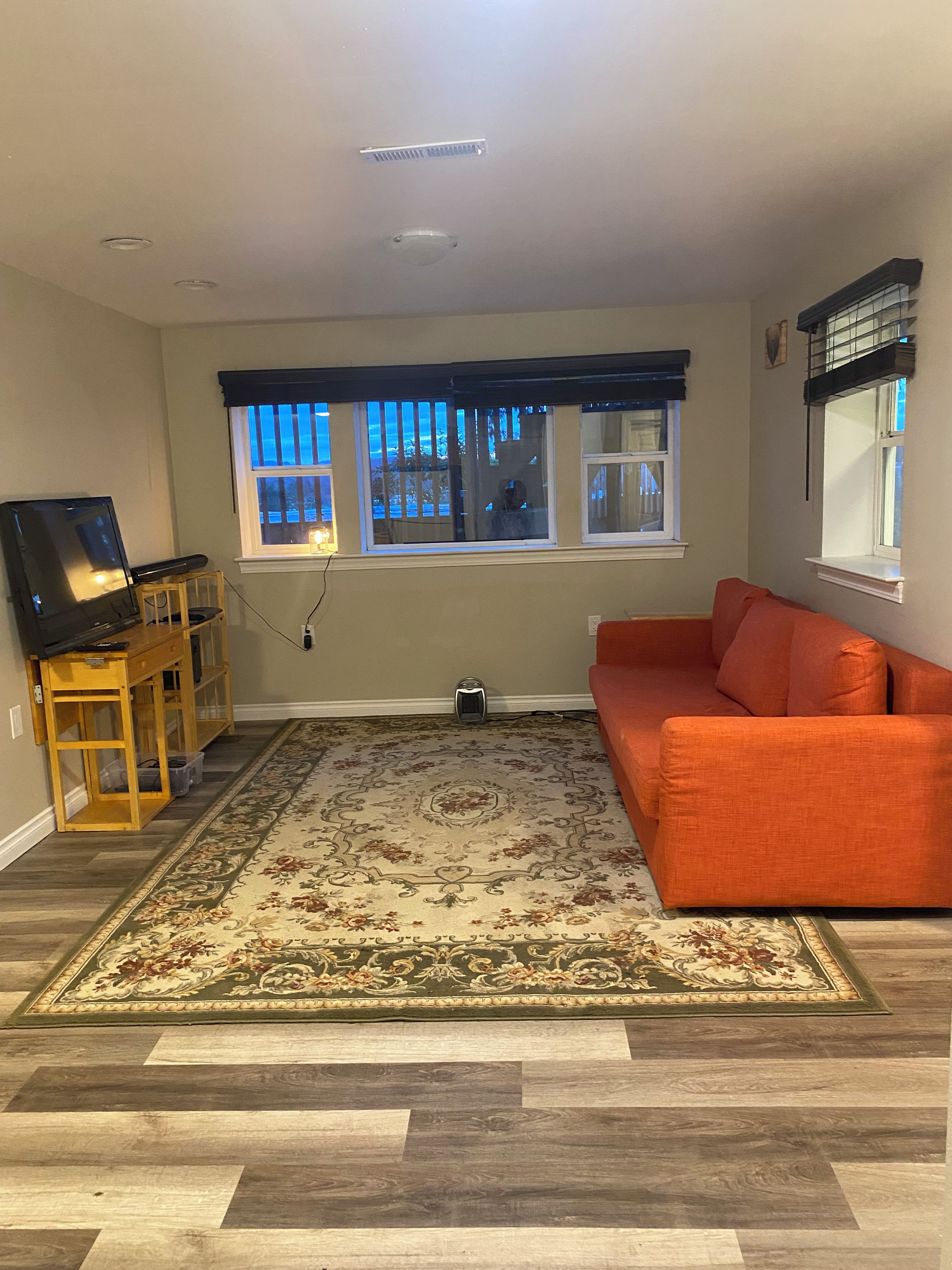 A living room with a sofa, a television on a stand, a patterned rug, and a window with blinds.