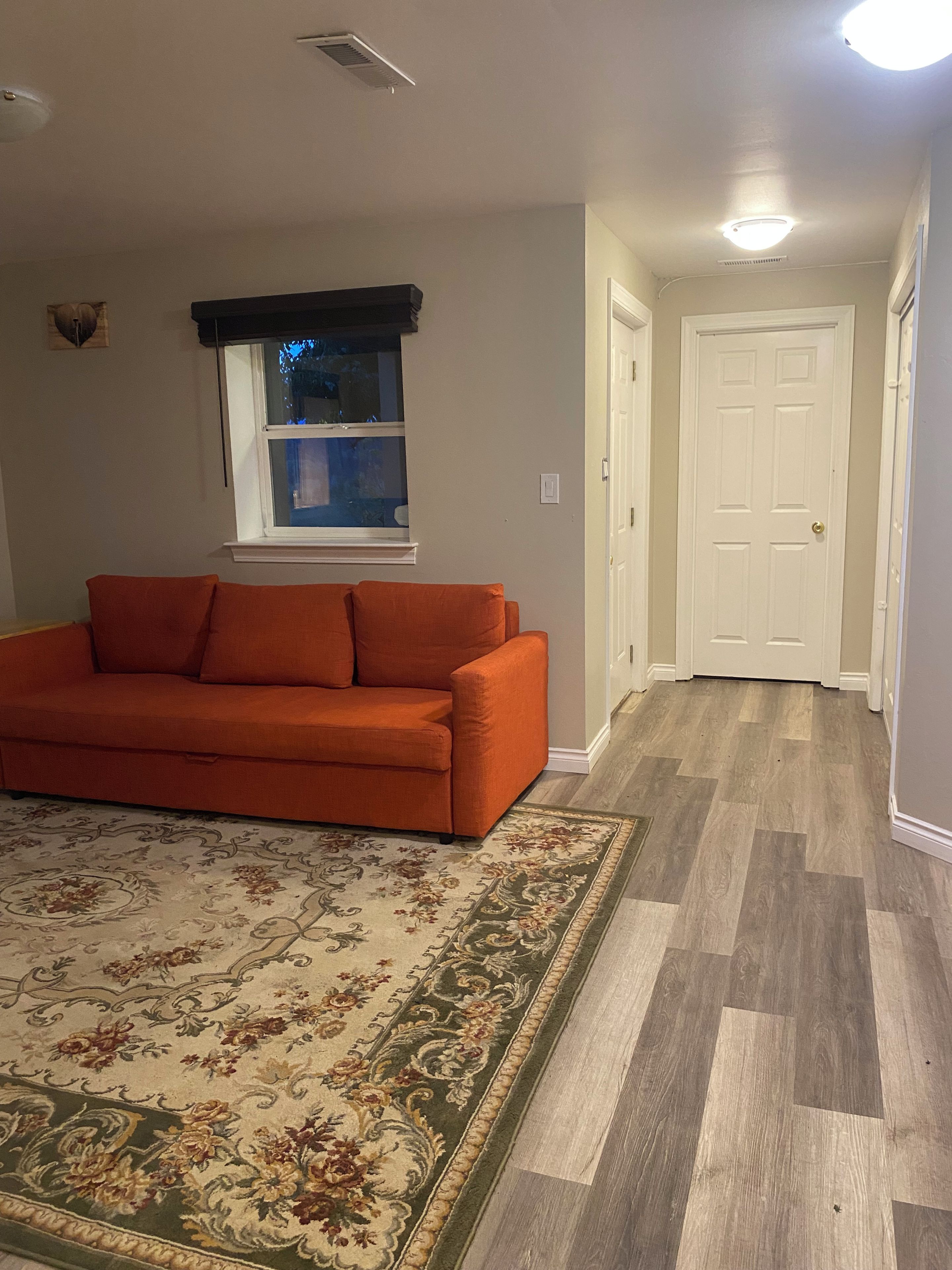 Una sala de estar con un sofá, un tapete estampado, una ventana con vistas y una puerta que conduce a otra habitación.