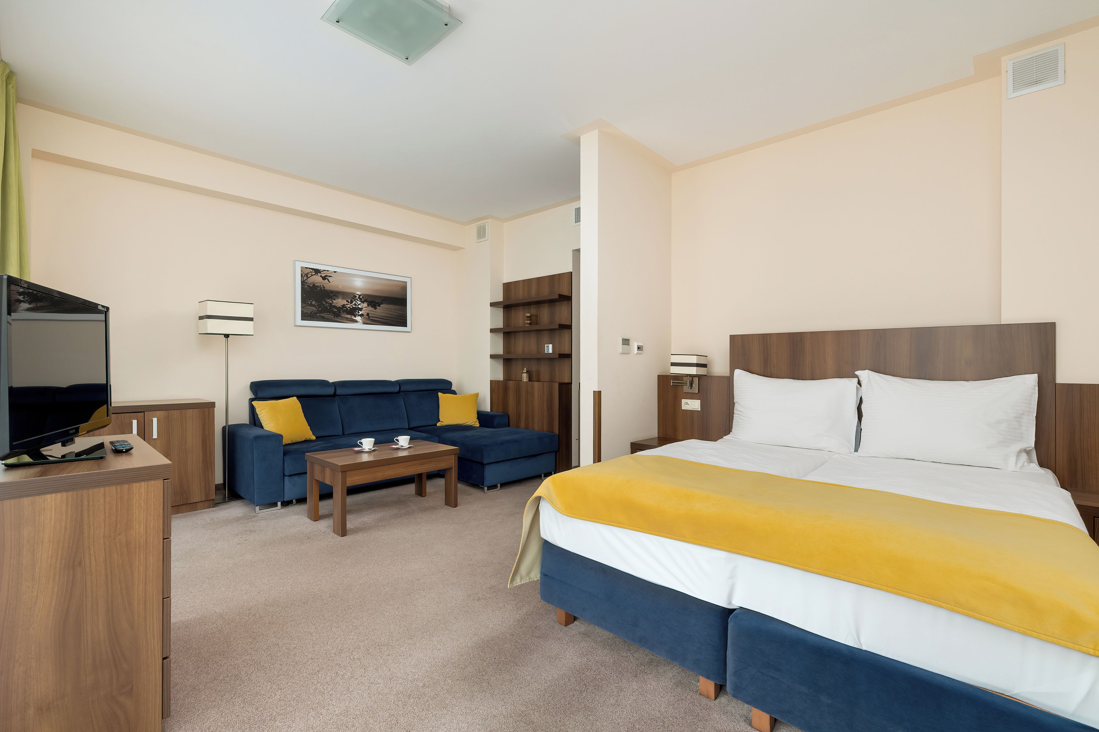 A hotel room with a bed, a sofa, a coffee table, a TV, and a desk.