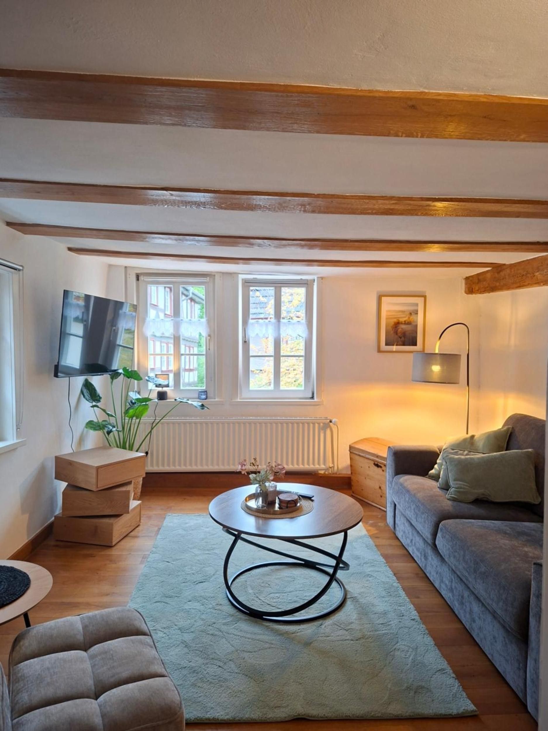 En stue med sofa, sofabord, fjernsyn ophængt på væggen og et vindue med udsigt til et hus.