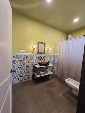 A bathroom with a toilet, a sink with a mirror, and patterned tiles on the walls. - Serene 3 Individual bedrooms in residential Villa with AC in charming Colva (Colva)