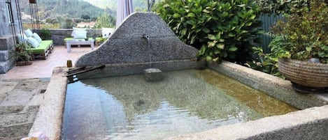 Une piscine en pierre agrémentée d’une cascade, entourée de verdure et offrant une vue sur les collines.